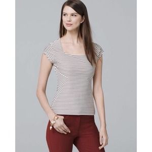 White House Black Market White + Tan + Black Stripe Jacquard Bodice Top - Size 8